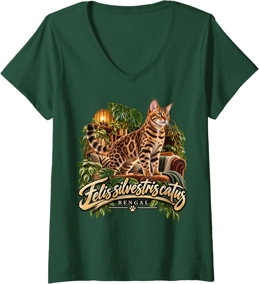 Women's Bengal Cat Felis Silvestris Catus Kitten Owner V-Neck T-Shirt - Dark Green
