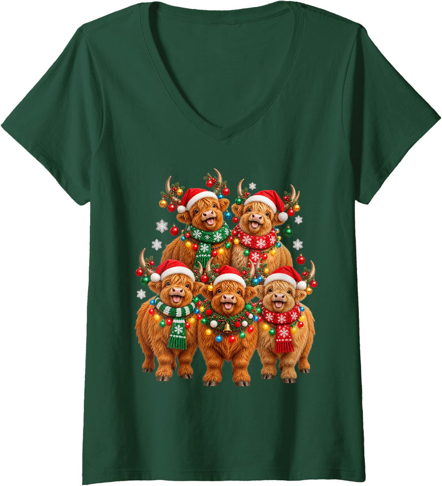 Women's Christmas Lights Highland Cow Santa Funny Xmas Trees V-Neck T-Shirt - Dark Green