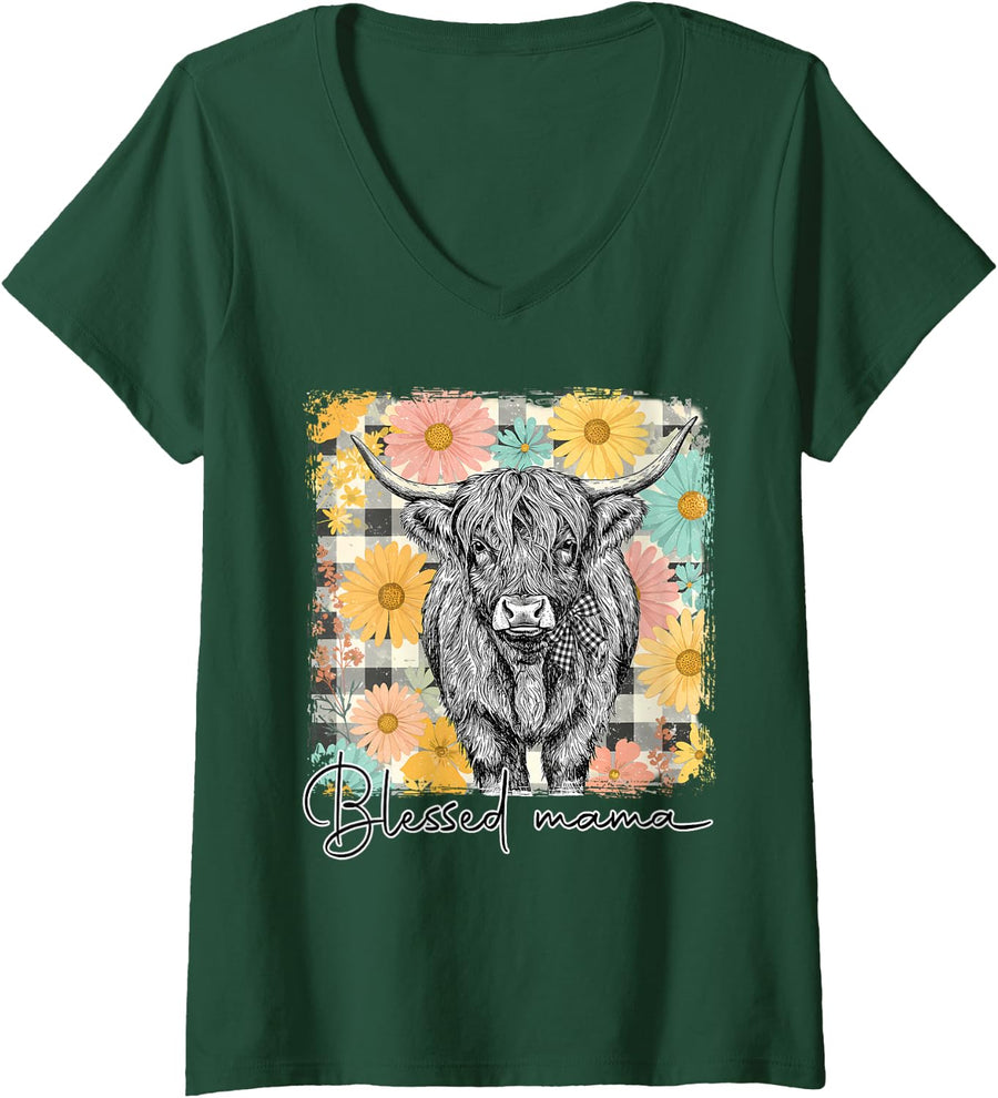 Women's Cute Blessed Mama Highland Cow Flowers Mother's Day V-Neck T-Shirt - Dark Green