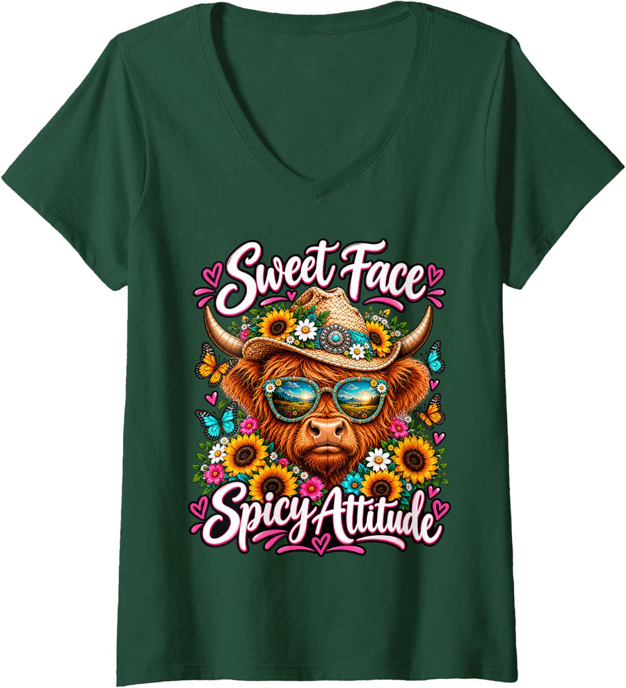 Women's Sweet Face Spicy Attitude Funny Highland Cow V-Neck T-Shirt - Dark Green