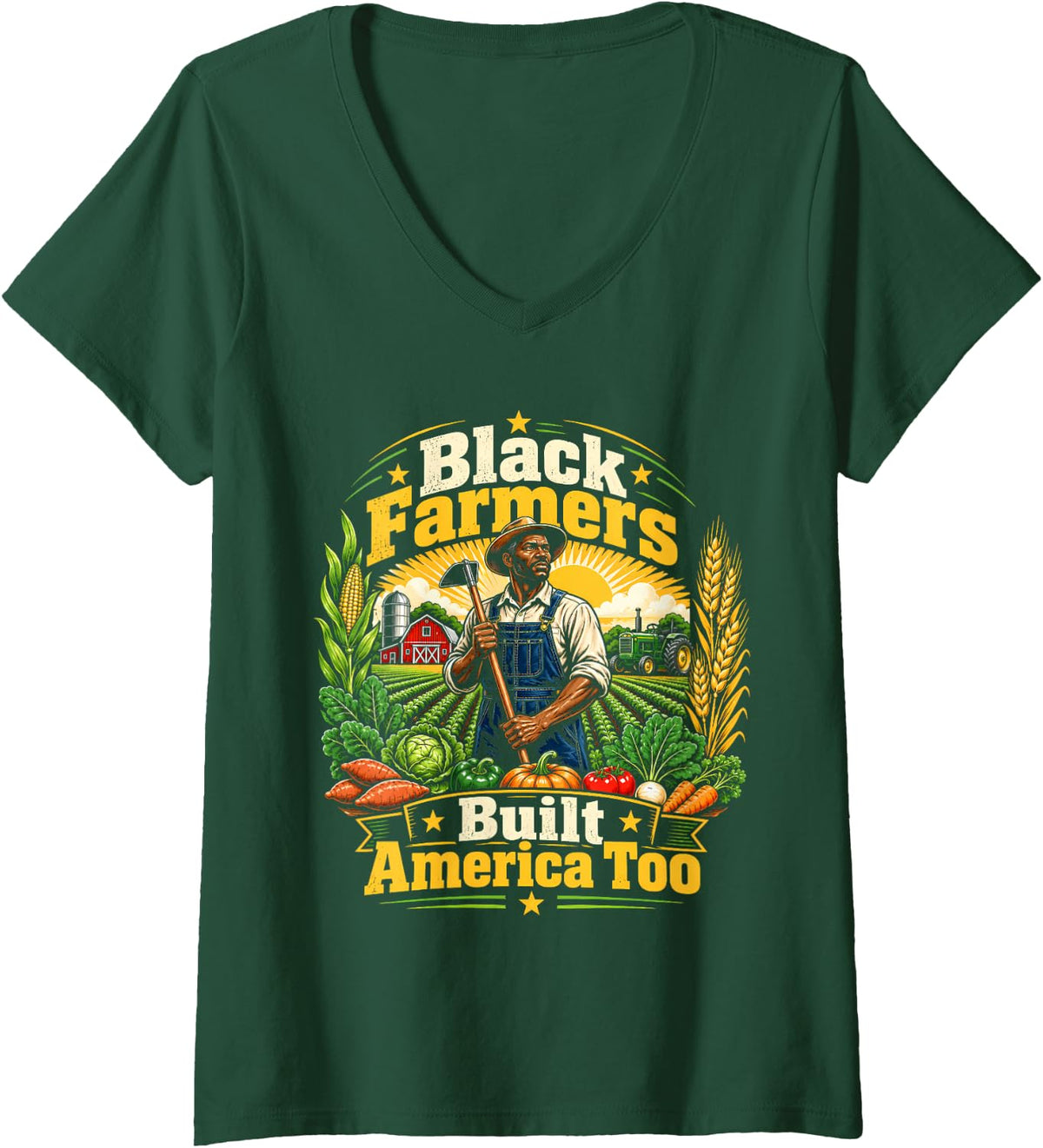 Women's Black Farmers Built America Too Agriculture Pride V-Neck T-Shirt - Dark Green