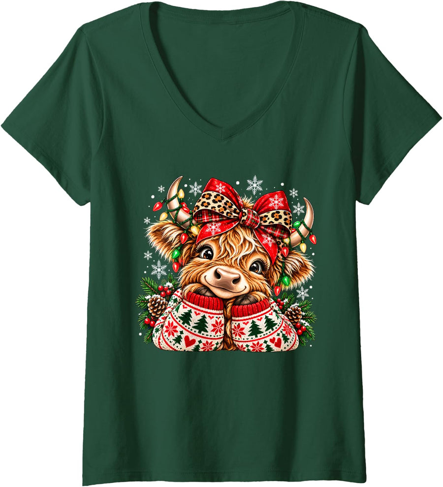 Women's Merry Christmas Highland Cow Leopard Bow Xmas V-Neck T-Shirt - Dark Green