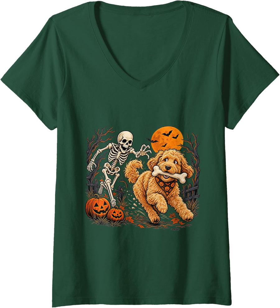 Women's Funny Goldendoodle Dog Stealing Bone from Skeleton Halloween V-Neck T-Shirt - Dark Green
