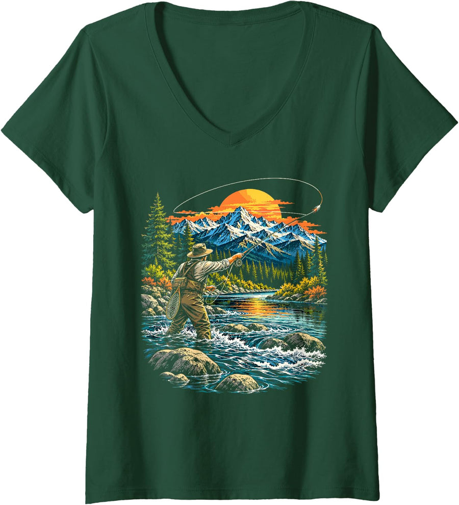 Women's Fly Casting River Fishing Fly Anglers V-Neck T-Shirt - Dark Green