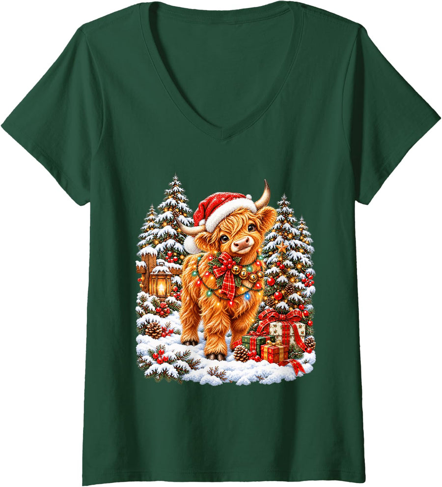 Women's Playful Highland Cow Holiday Santa Snow Scene V-Neck T-Shirt - Dark Green