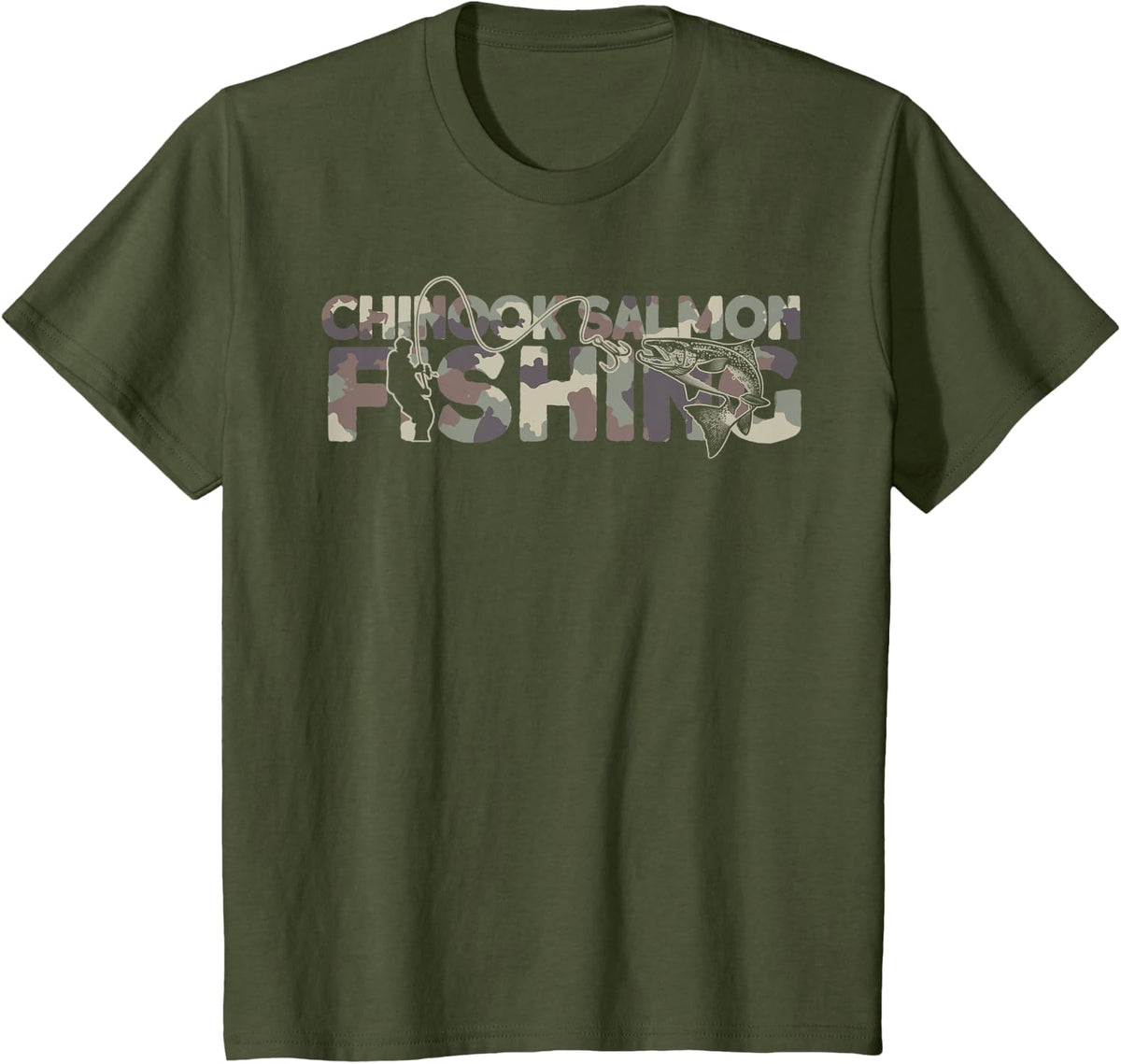 Chinook Salmon Fisherman Camouflage Chinook Salmon Fishing T-Shirt - Olive Green