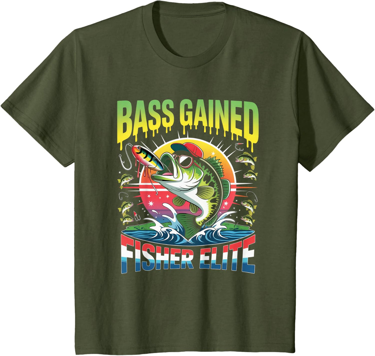 Bass Gained Fisher Elite Bass Fishing Angling Sport Shirt T-Shirt - Olive Green