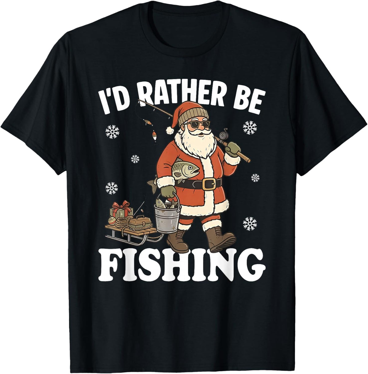 I'd Rather Be Fishing Funny Christmas Santa Fishing Outdoors T-Shirt - Black