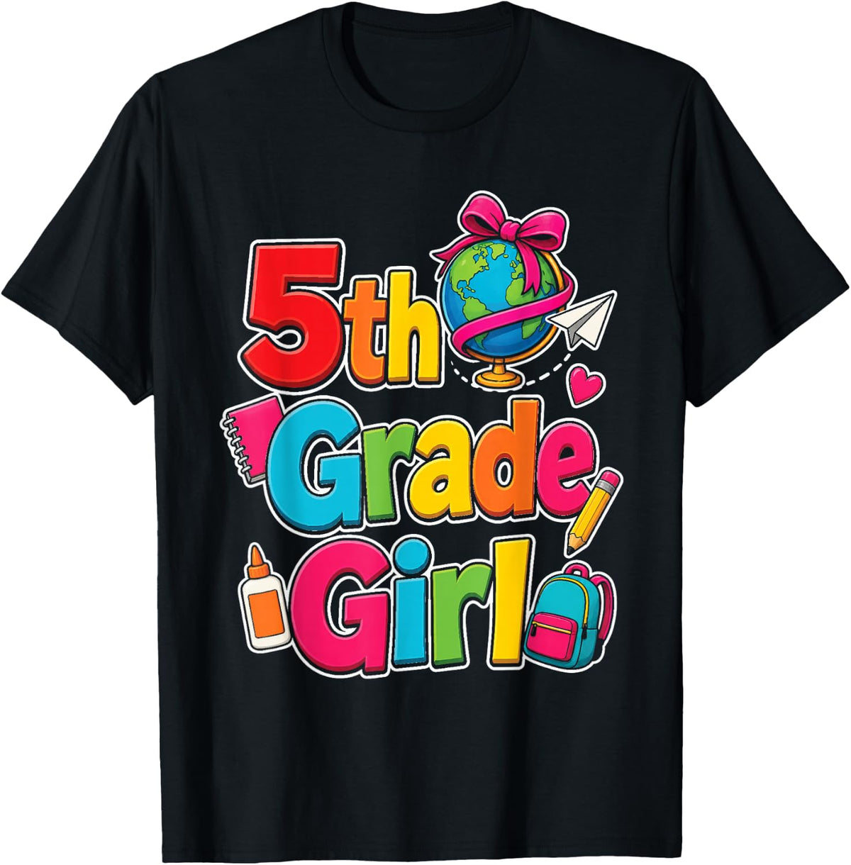 5th Grade Girl First Day Globe Backpack Hearts Bows T-Shirt - Black