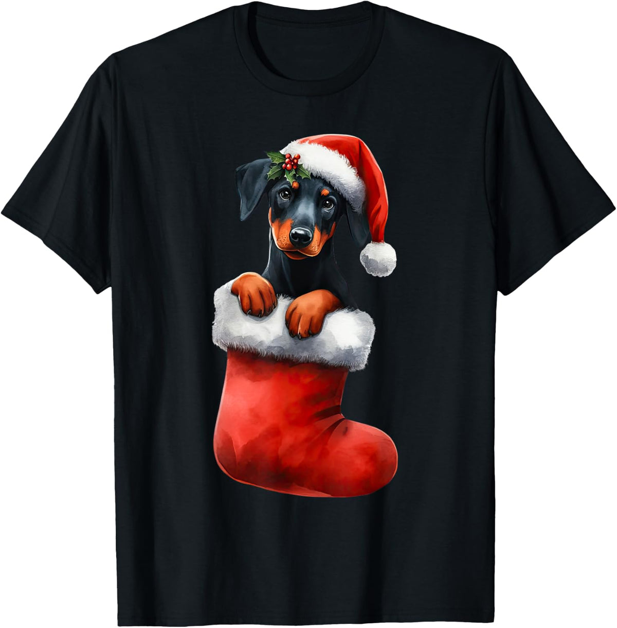 Doberman Pinscher In Sock Christmas Santa Hat Xmas Dog Lover T-Shirt - Black