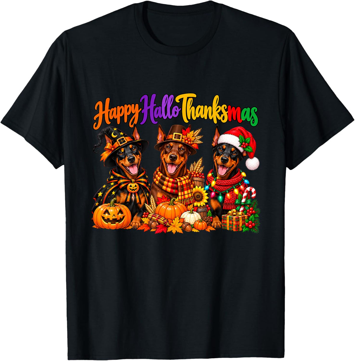 Doberman Pinscher Happy Hallothanksmas Halloween T-Shirt - Black