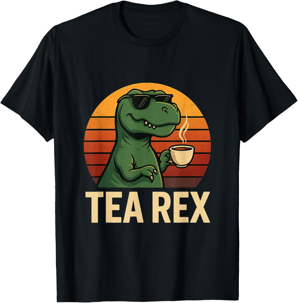 Tea Rex Funny Tea Lover Dinosaur Retro Sunset T-Shirt - Black