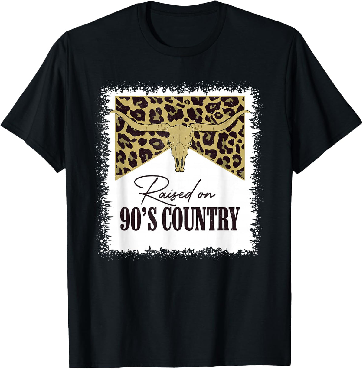 Raised On 90's Country Vintage Bull Skull Leopard Bleached T-Shirt - Black