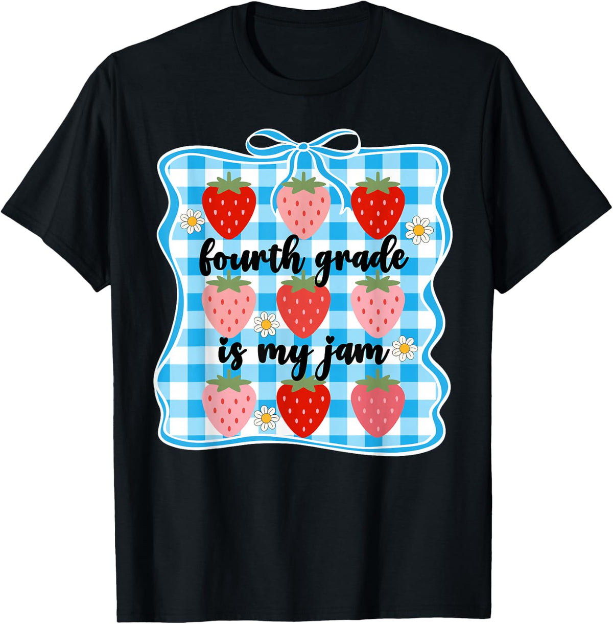Fourth Grade is My Jam Strawberry Cute 4th Grade Teacher Bow T-Shirt - Black