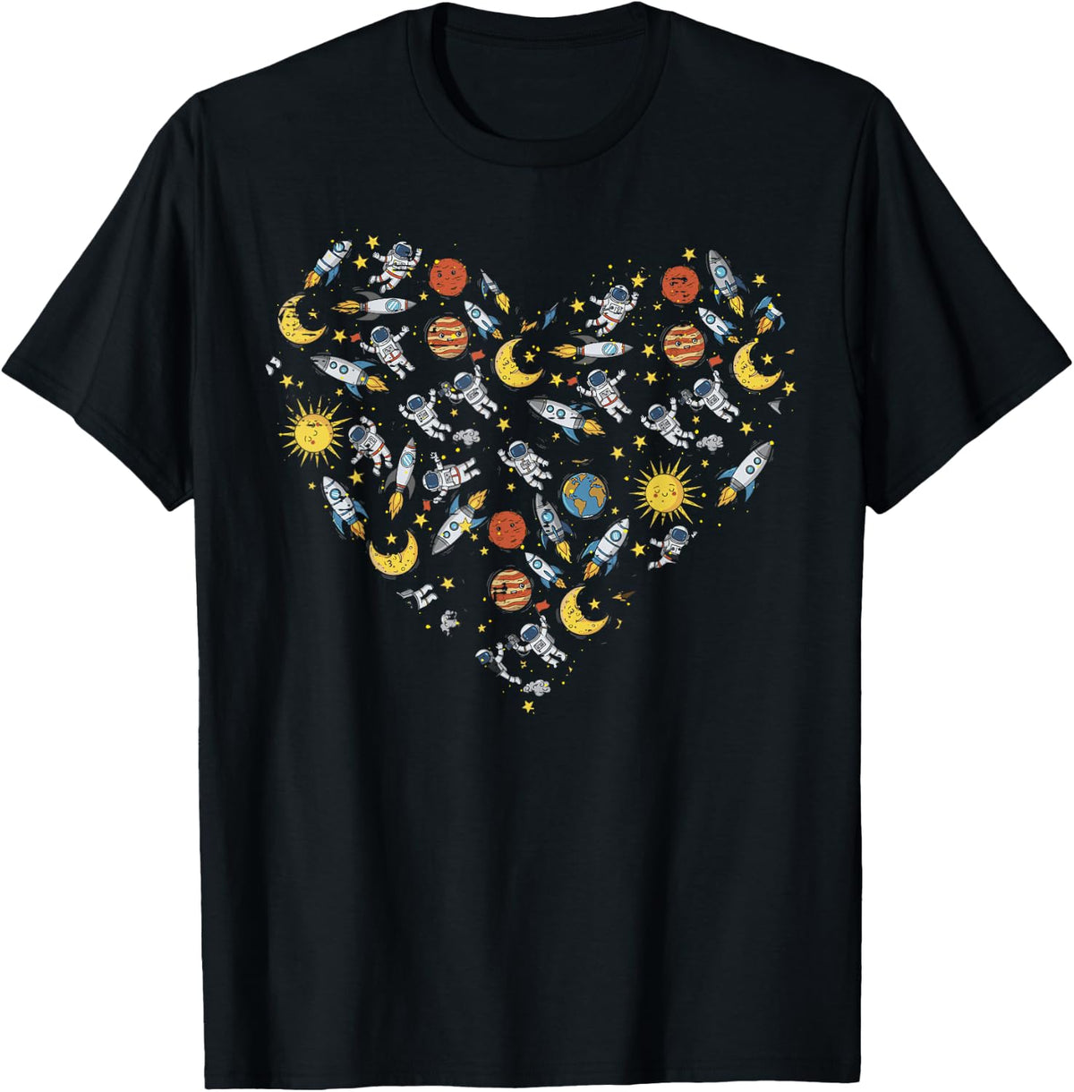 Astronaut Planets Rockets Heart Love Space Galaxy Kids Women T-Shirt - Black