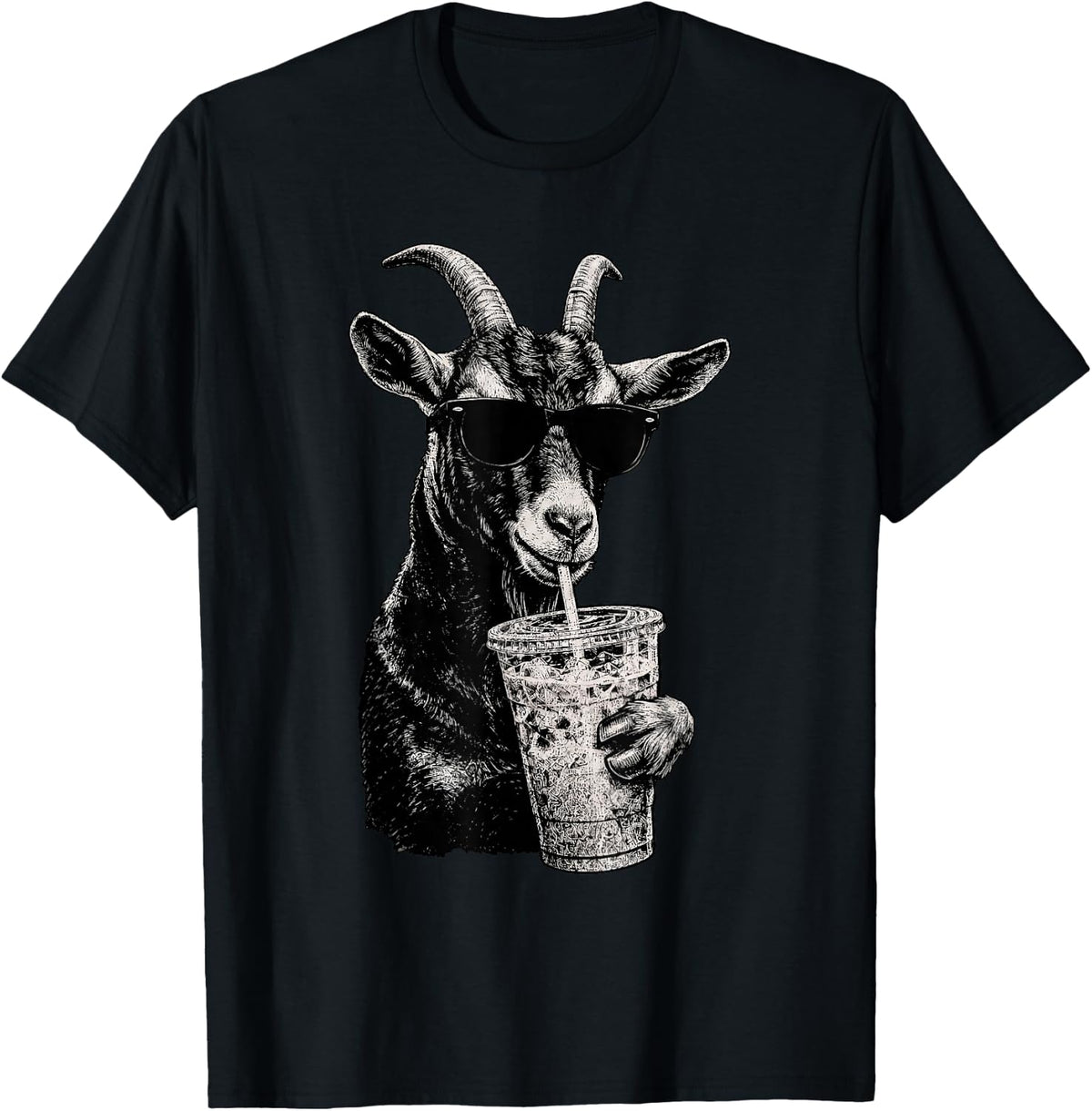 Goat Drinking Iced Coffee Wildlife Animal Humor T-Shirt - Black