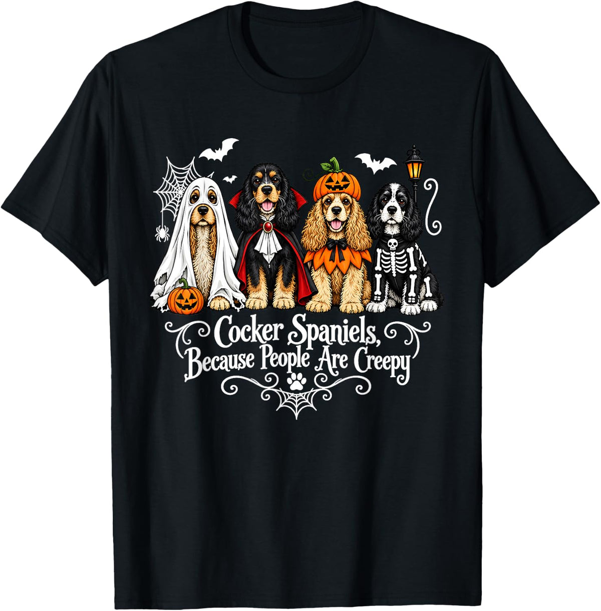 Cocker Spaniels Because People are Creepy Halloween Dog Meme T-Shirt - Black