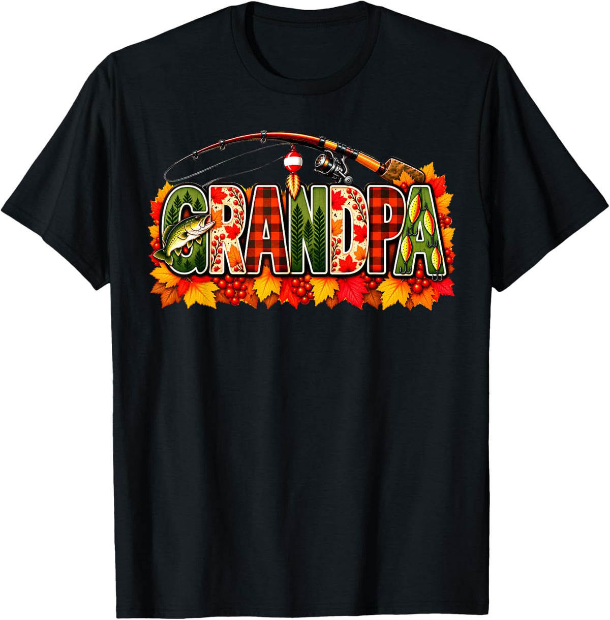 Thanksgiving Fishing Grandpa Fall Autumn Bass Birthday T-Shirt - Black