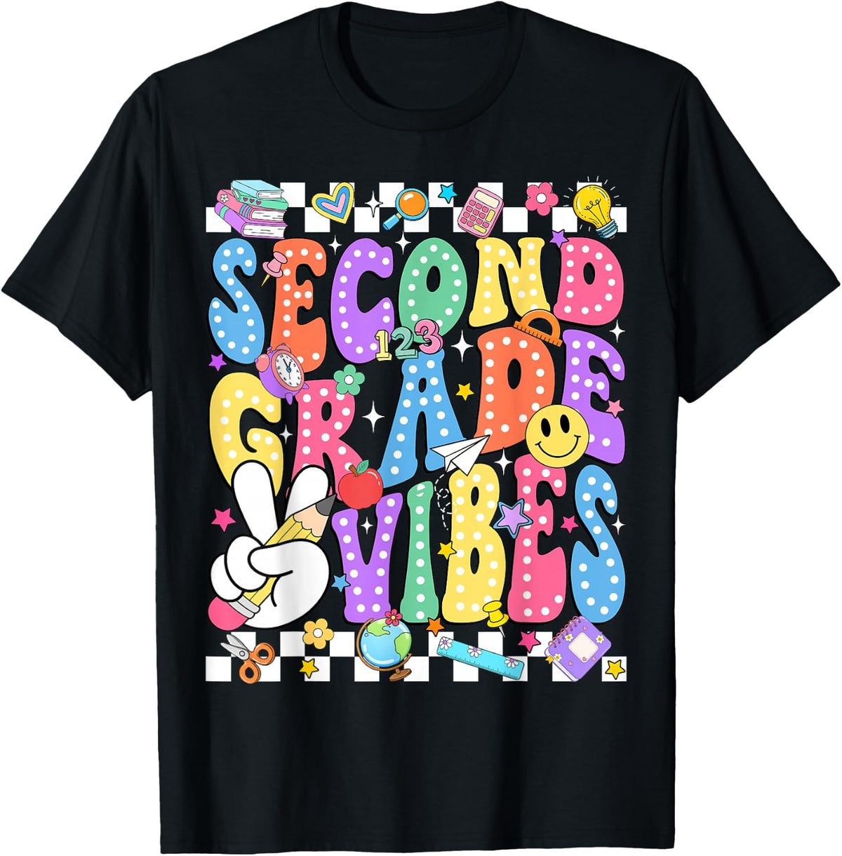 Groovy Second Grade Vibes 2nd Back to School Teacher Kids T-Shirt - Black