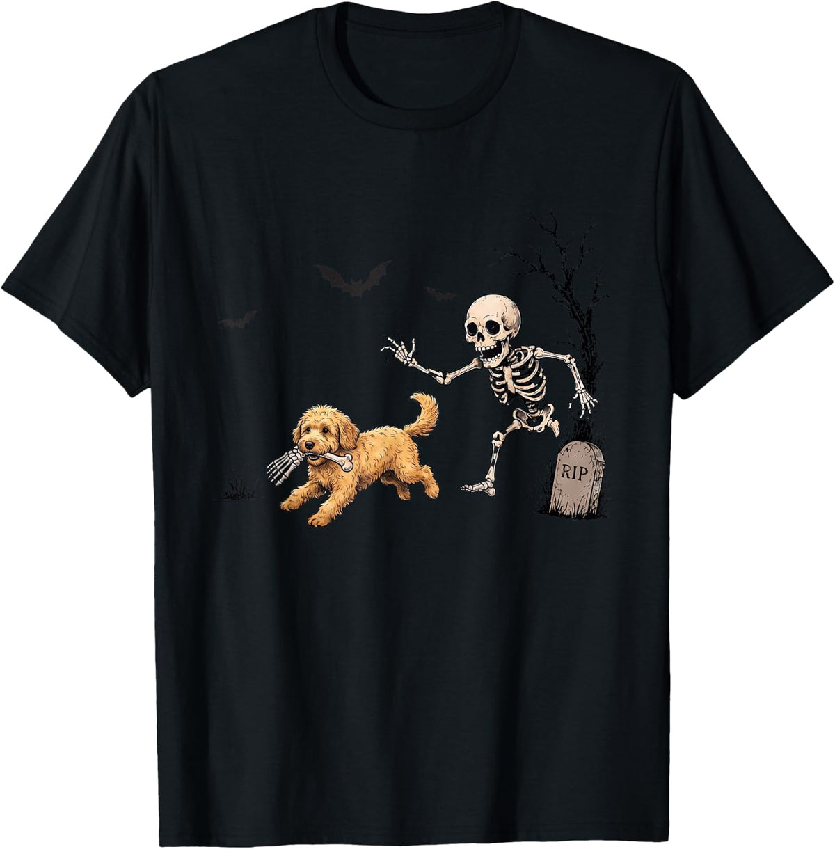Cute Funny Skeleton Chasing Goldendoodle Dog Lover Halloween T-Shirt - Black