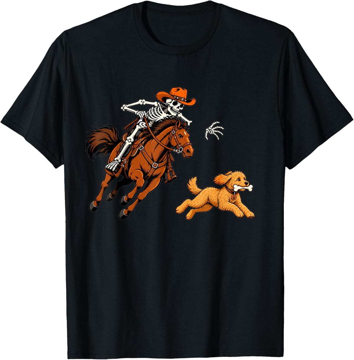 Horse Cowboy Skeleton Chasing Goldendoodle Dog Steals a Bone T-Shirt - Black