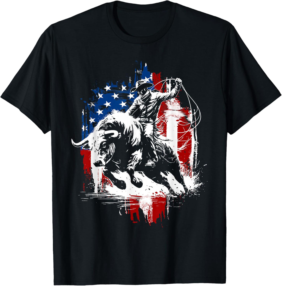 4th of July Funny Bulls Riding Western Cowboy Rodeo USA Flag T-Shirt - Black