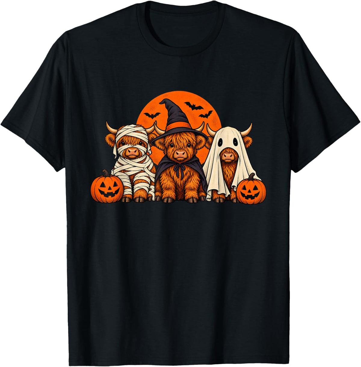 Halloween Highland Cow Mummy Witch Ghost Cute Cow Trio T-Shirt - Black