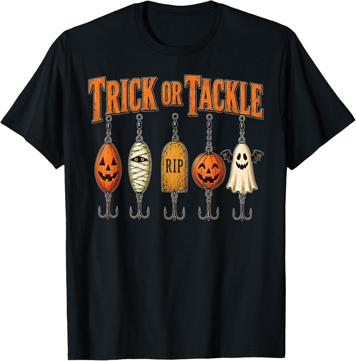 Trick or Tackle Spooky Fishing Halloween Fishing Lure Fisher T-Shirt - Black