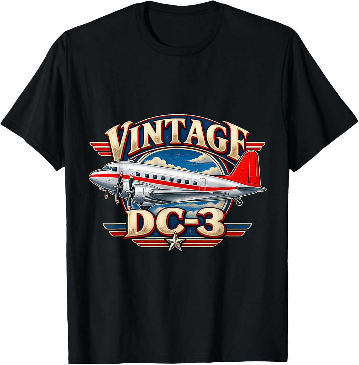 Vintage Douglas DC-3 Classic Propeller Airplane Aviation T-Shirt - Black