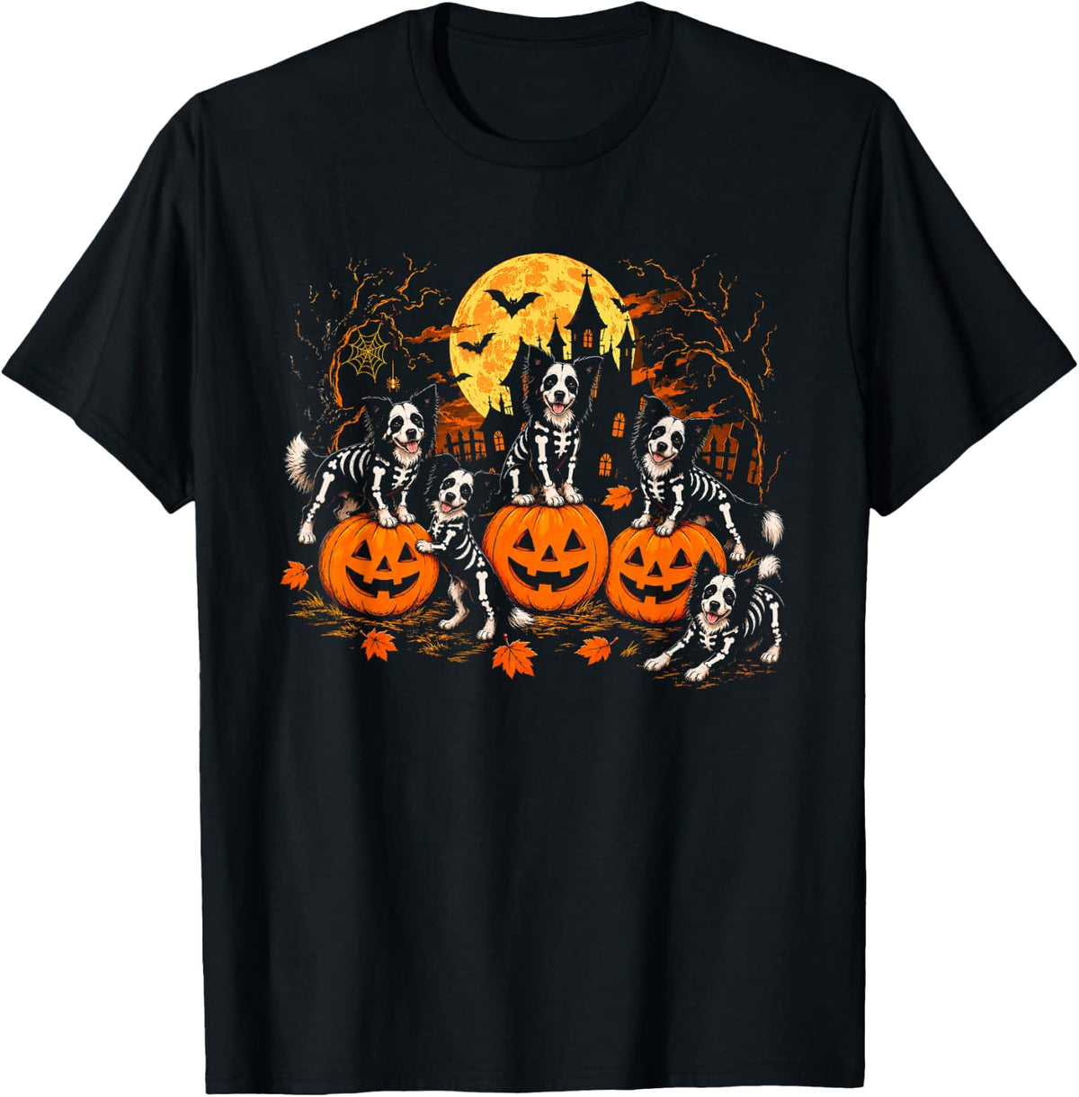 Border Collie Halloween Skeleton Pumpkin Dog Funny T-Shirt - Black
