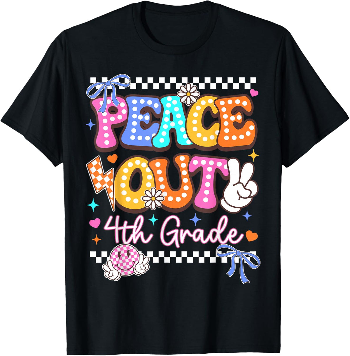 Peace Out 4th Grade Last Day of School Graduation Retro T-Shirt Tees for Kids Boys Girls - Black