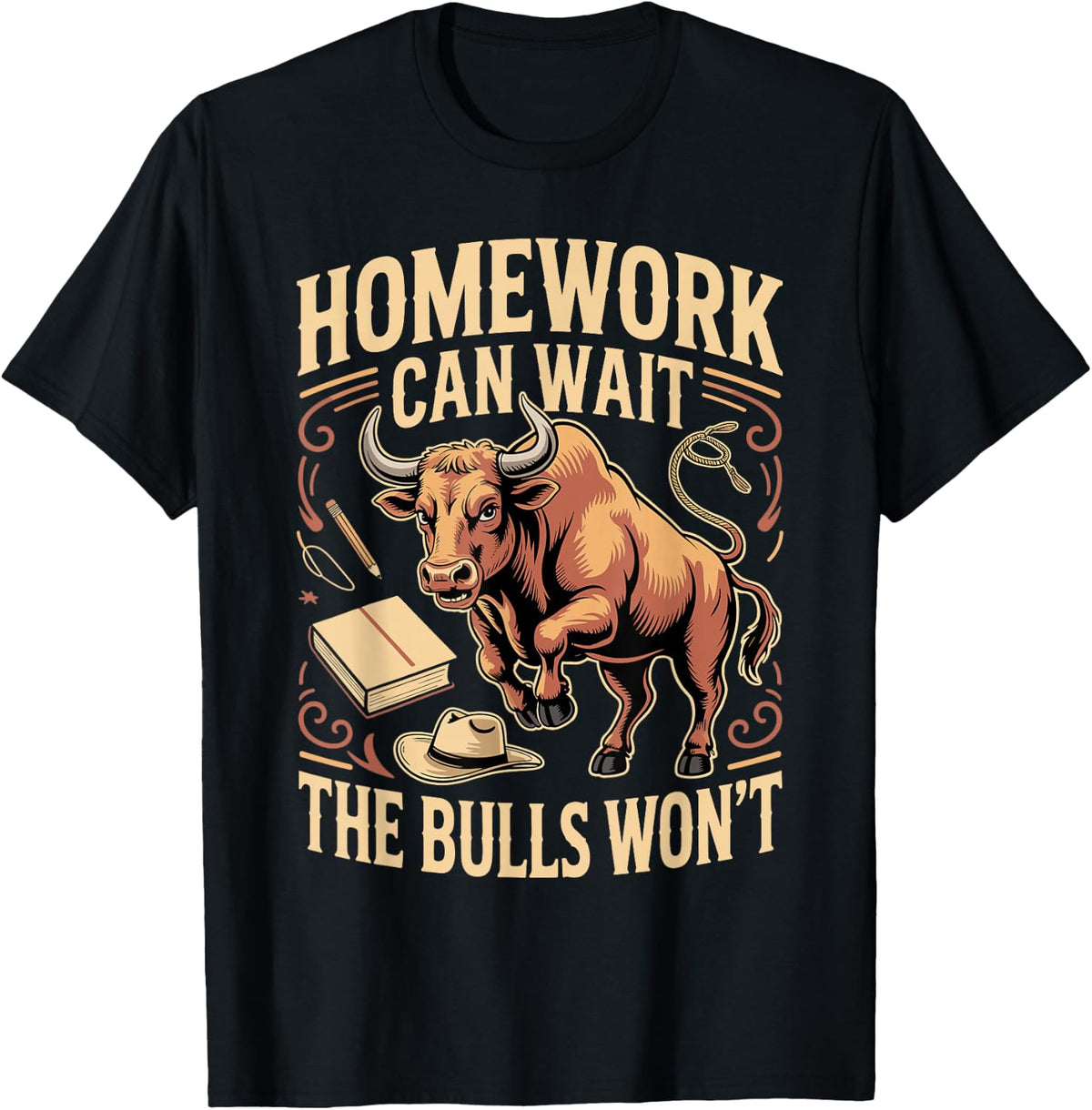 Homework Can Wait The Bulls Won't Bull Riding Rodeo Youth T-Shirt - Black