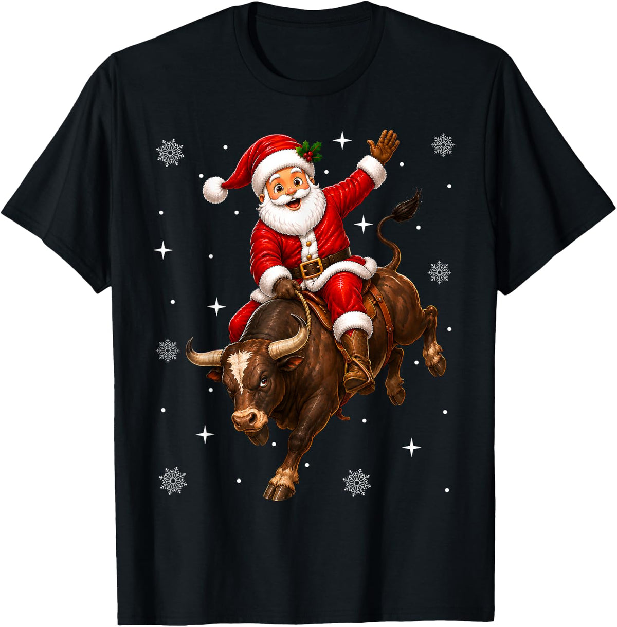 Rodeo Santa Bull Riding Christmas T-Shirt - Black