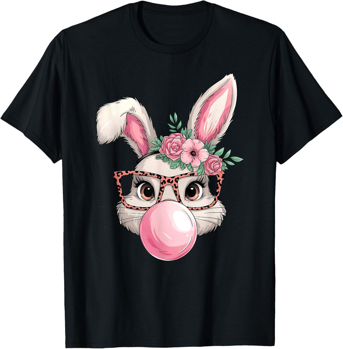 Girls Easter Bunny Face Leopard Easter Day Women Kids Girls T-Shirt - Black