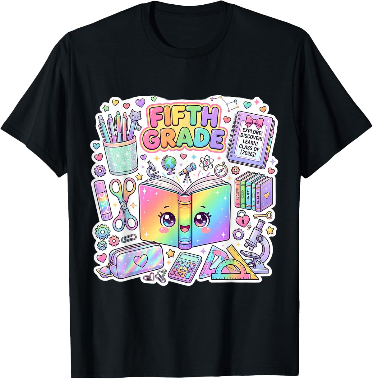 Cute Book 5th Fifth Grade Back to School Girl Teacher Class T-Shirt - Black