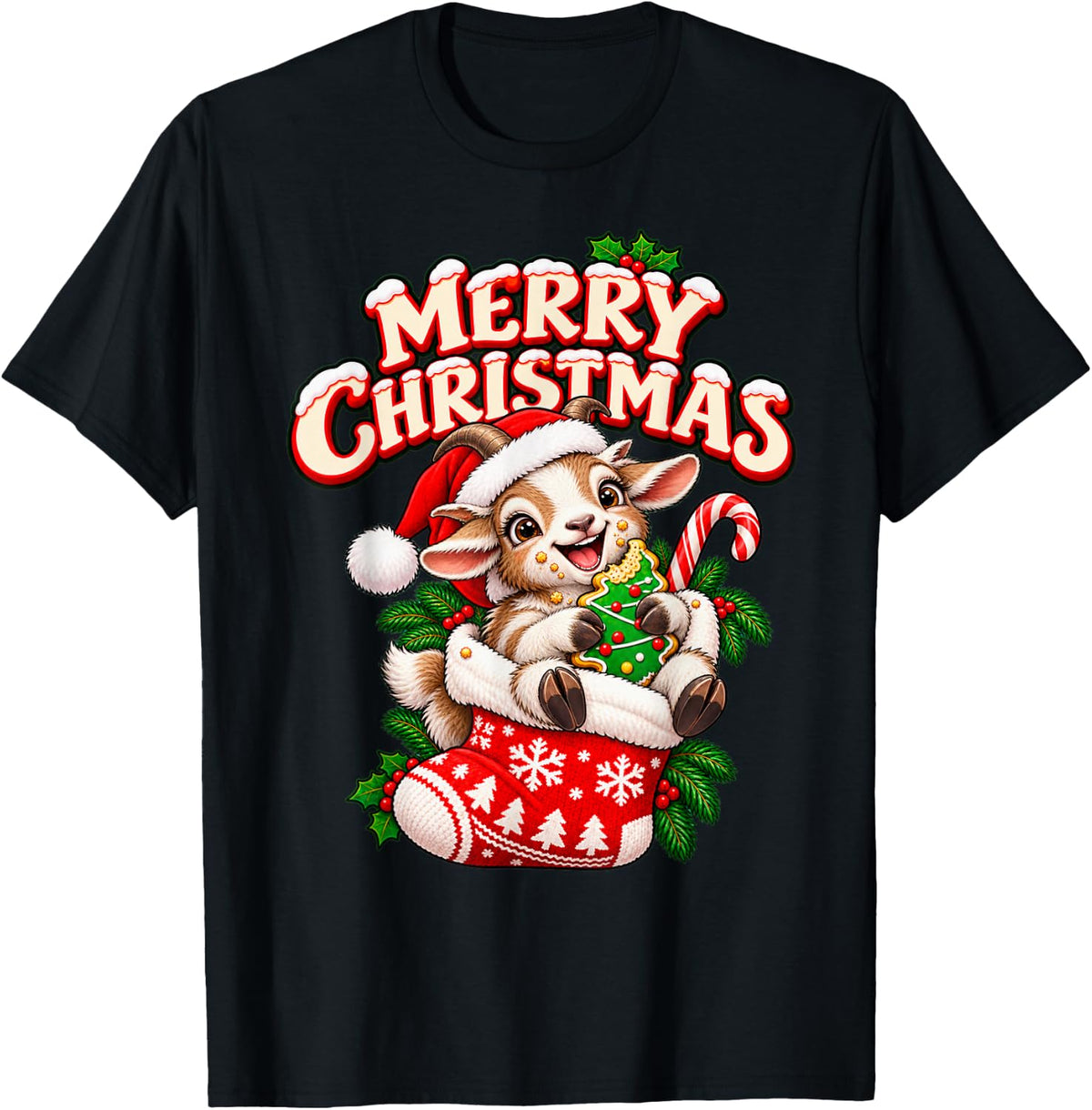 Merry Christmas Happy Goat Cute Stocking Funny T-Shirt - Black