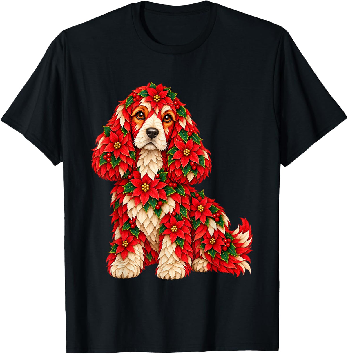 Floral Christmas Cocker Spaniel with Poinsettia Flowers Xmas T-Shirt - Black