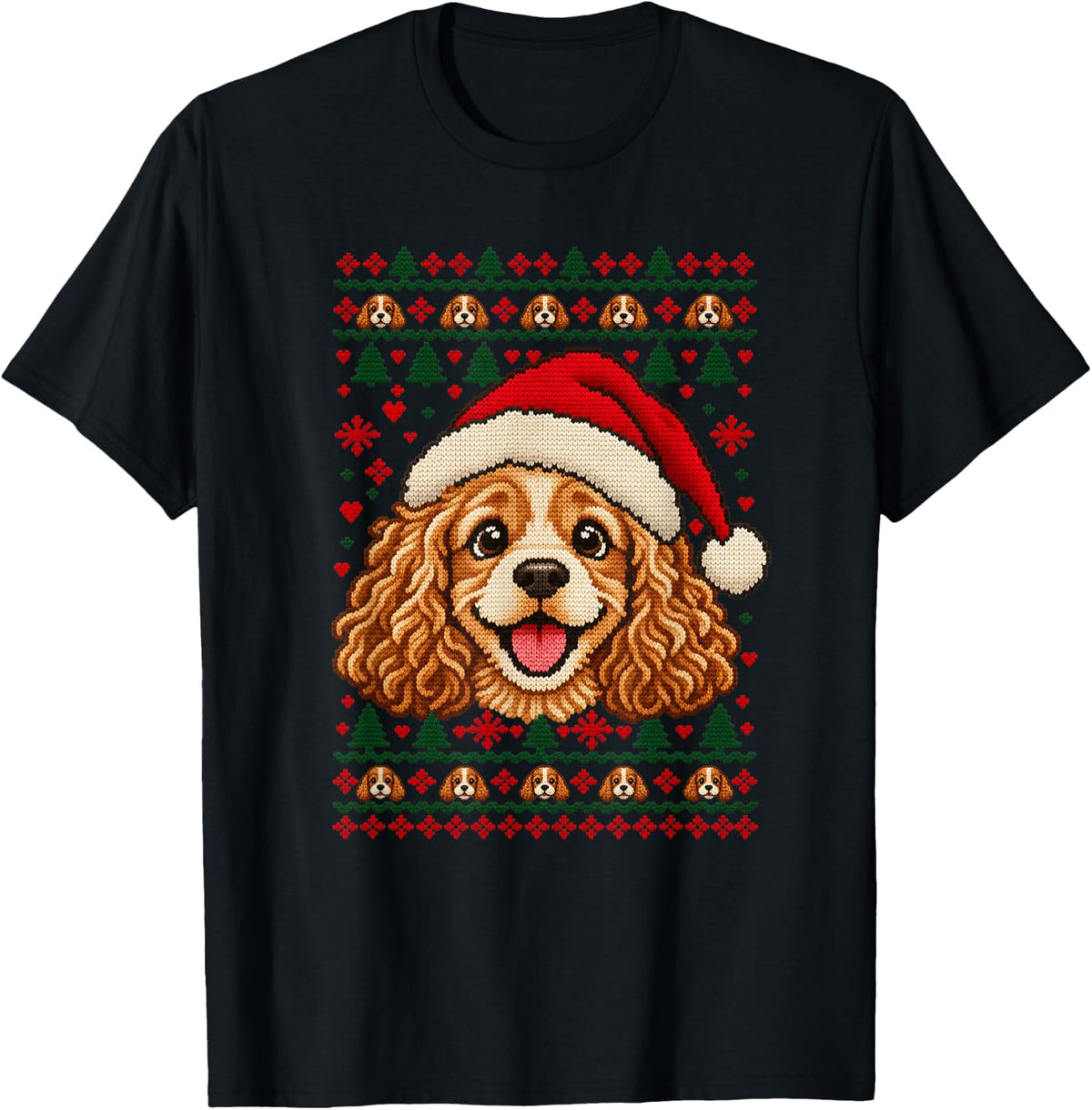 Happy Cocker Spaniel Christmas Dog Santa Hat Ugly Sweater T-Shirt - Black