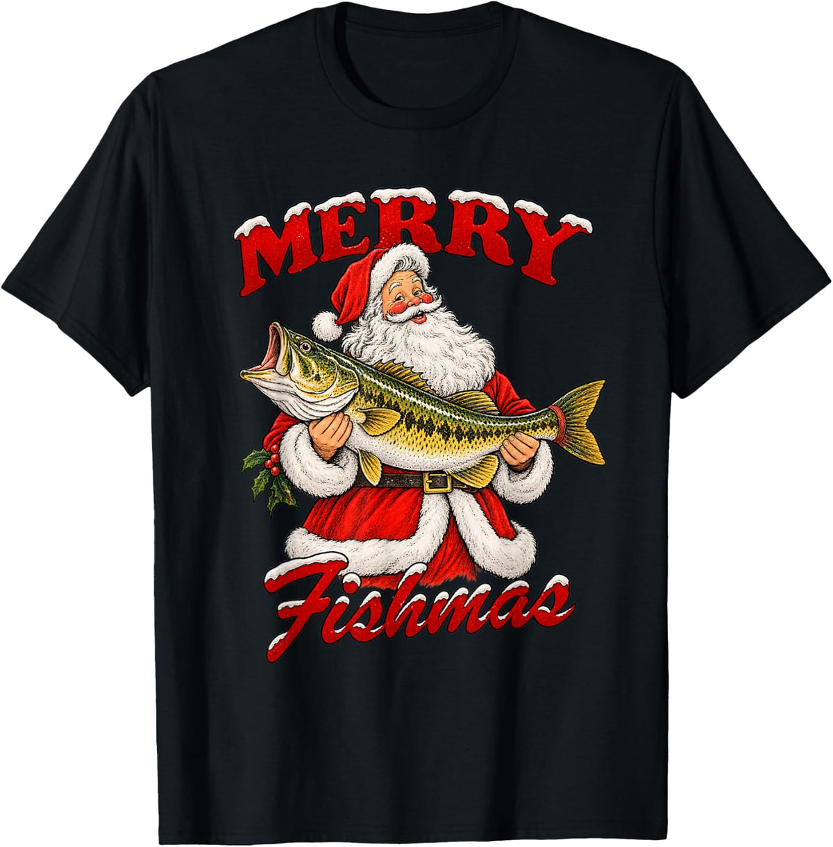 Funny Merry Fishmas Santa Claus Bass Fisherman Dad Holiday T-Shirt - Black