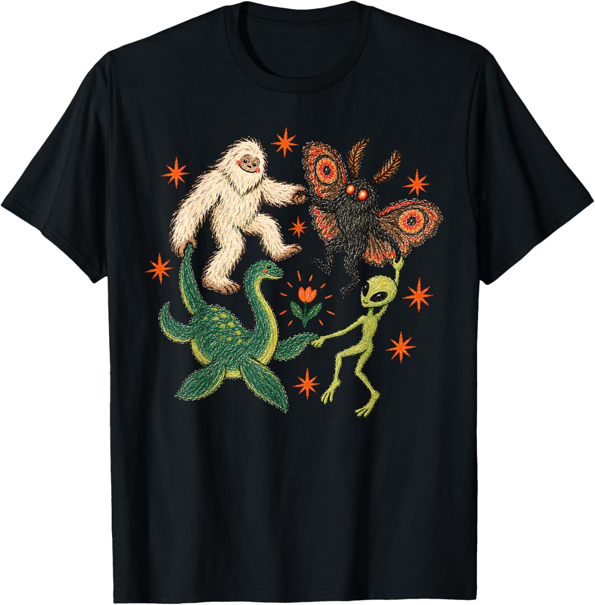 Funny Dancing Cryptids Bigfoot Mothman Alien Halloween T-Shirt - Black