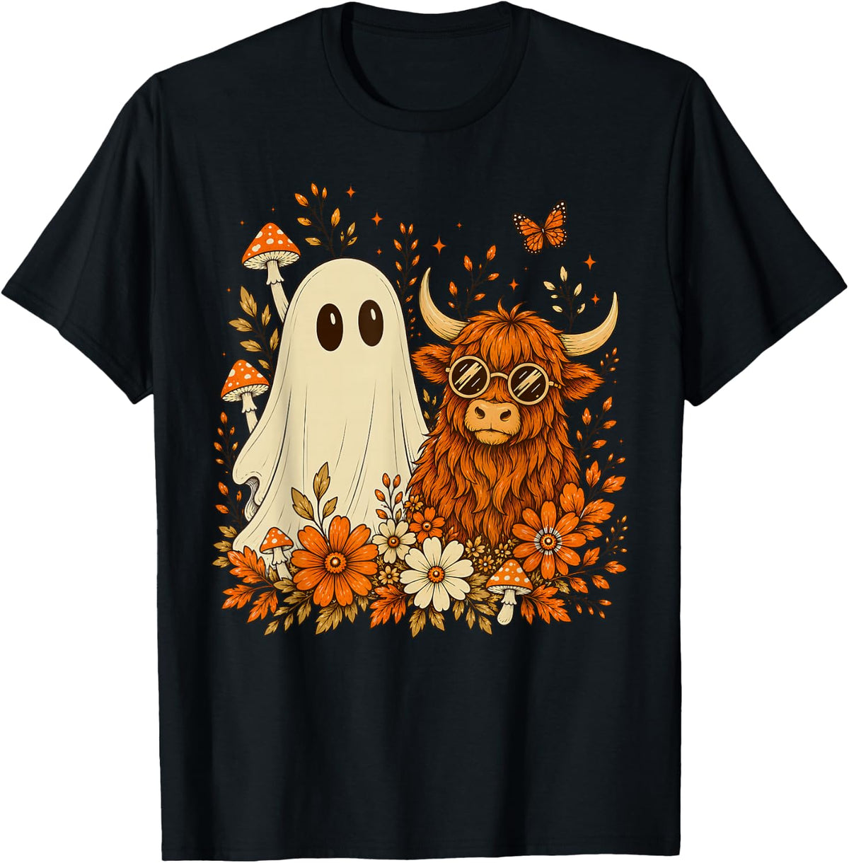 Spooky Highland Cow & Ghost Wildflowers Retro Halloween Day T-Shirt - Black