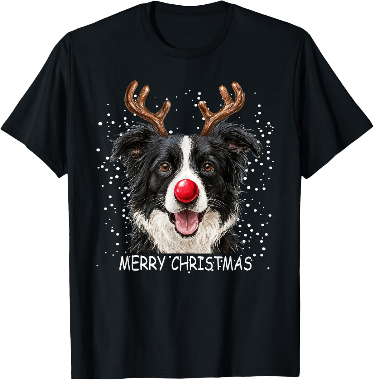 Border Collie Dog Reindeer Red Nose Christmas T-Shirt - Black