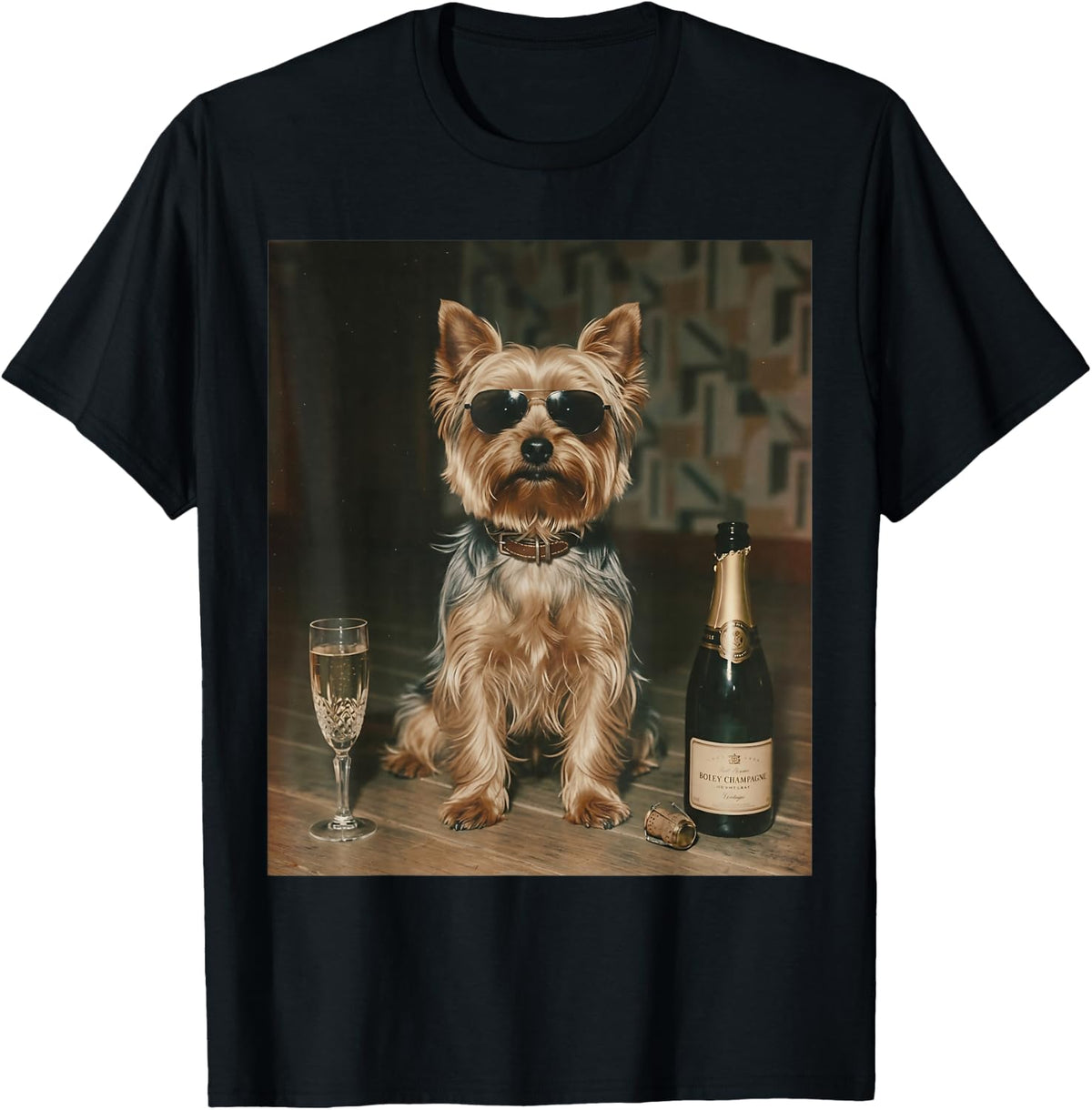 Yorkie Drinking Champagne Funny Father’s Day T-Shirt - Black
