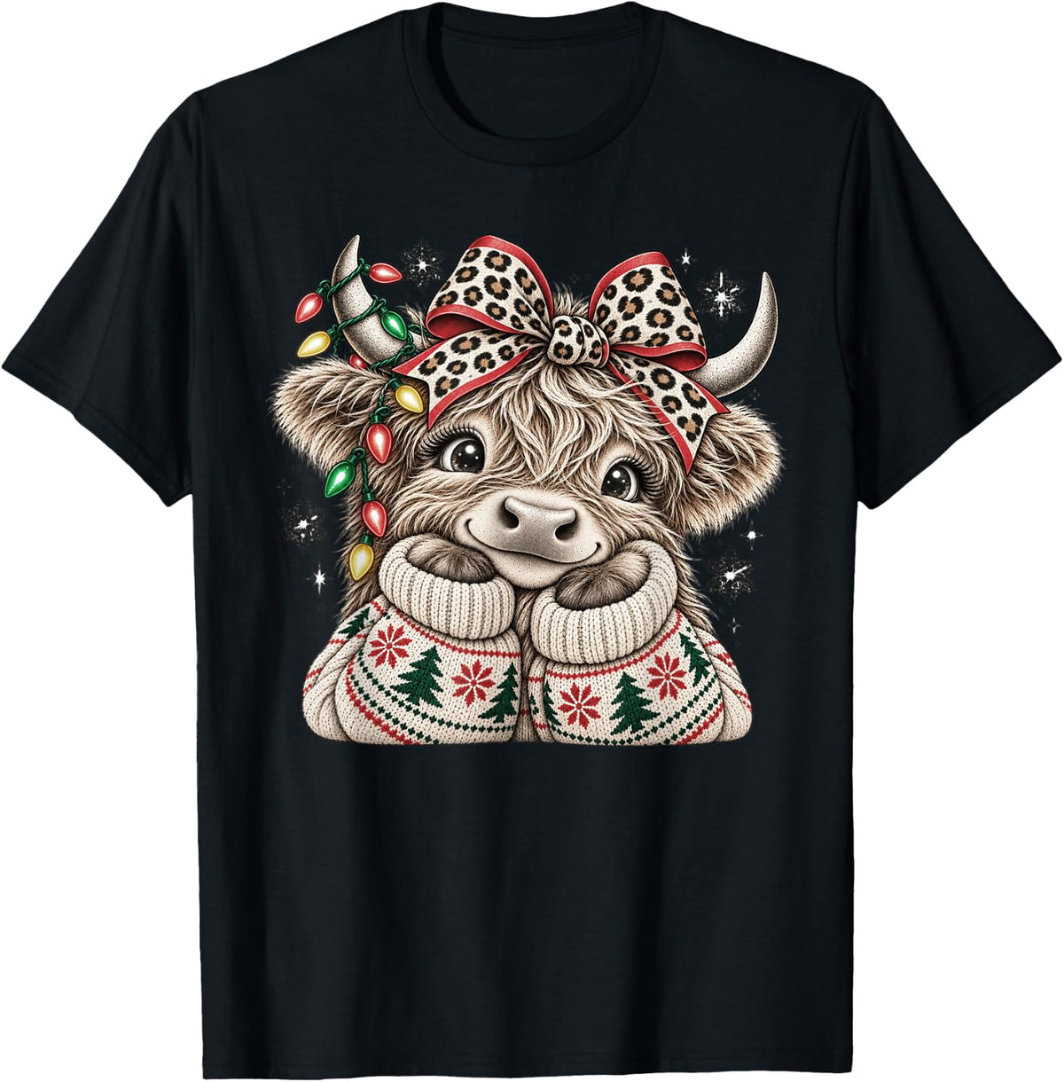 Merry Christmas Highland Cow Leopard Bow Holiday Cow Lover T-Shirt - Black