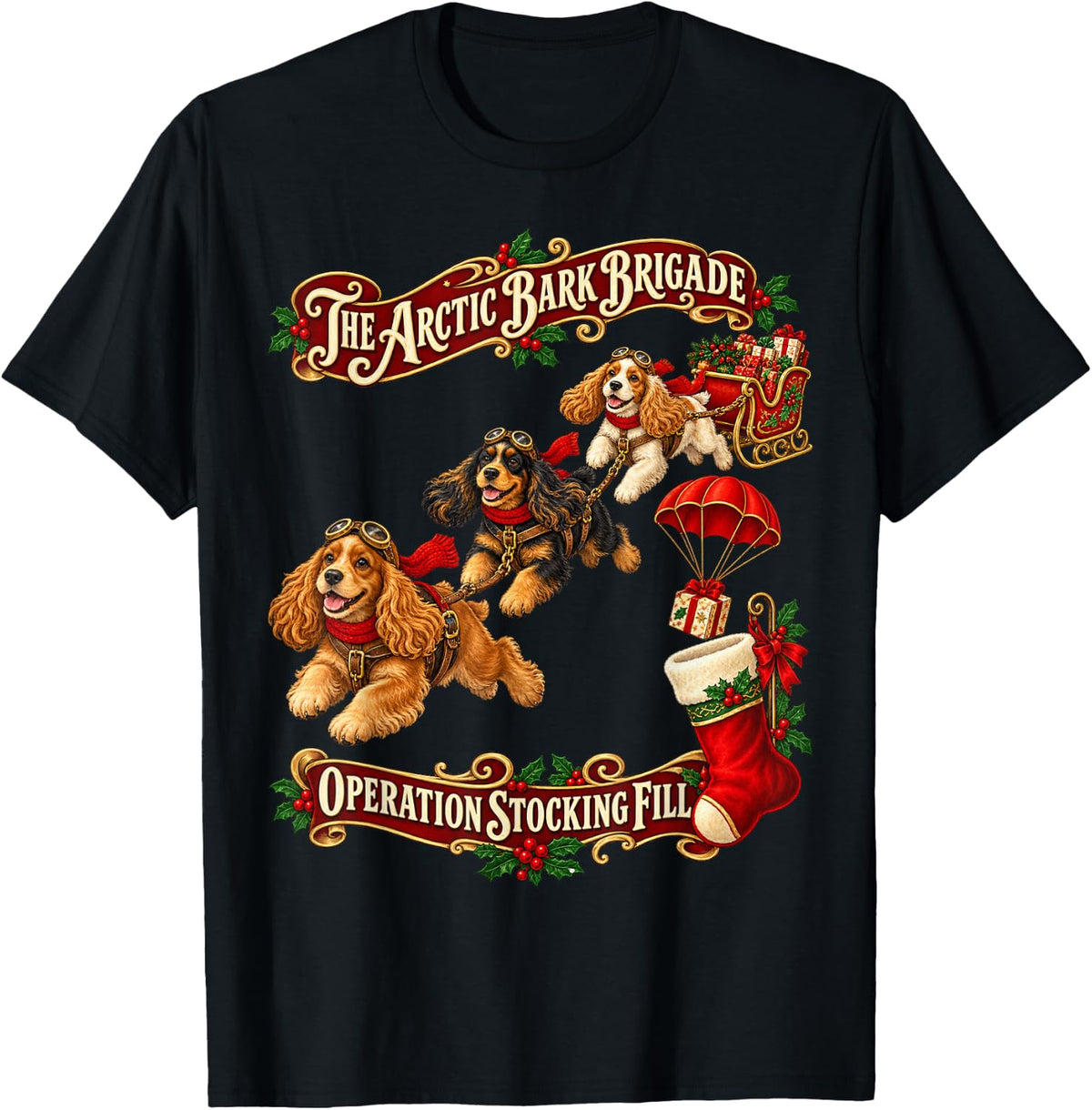 Cocker Spaniel Dog Christmas Retro Sleigh Flight T-Shirt - Black