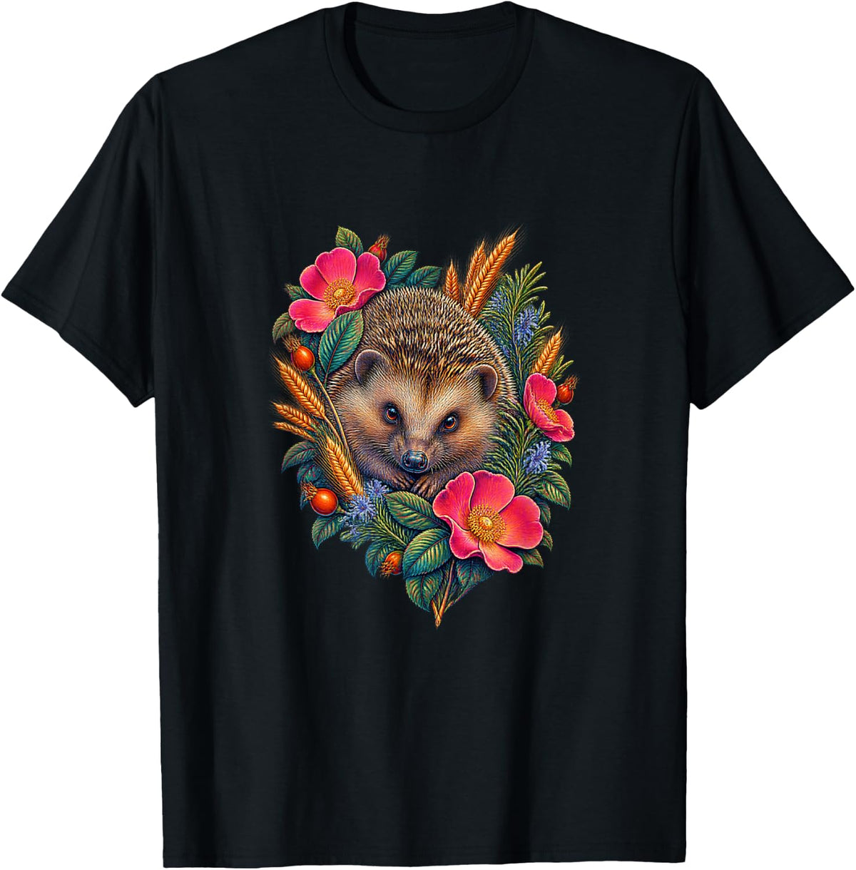 European Hedgehog Wild Rose Art Nouveau T-Shirt - Black