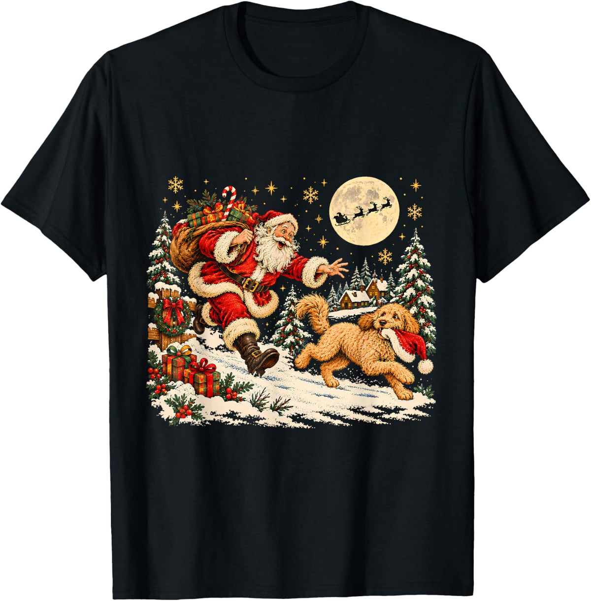 Funny Santa Claus Doodle Dog Christmas Women Men Kids T-Shirt - Black