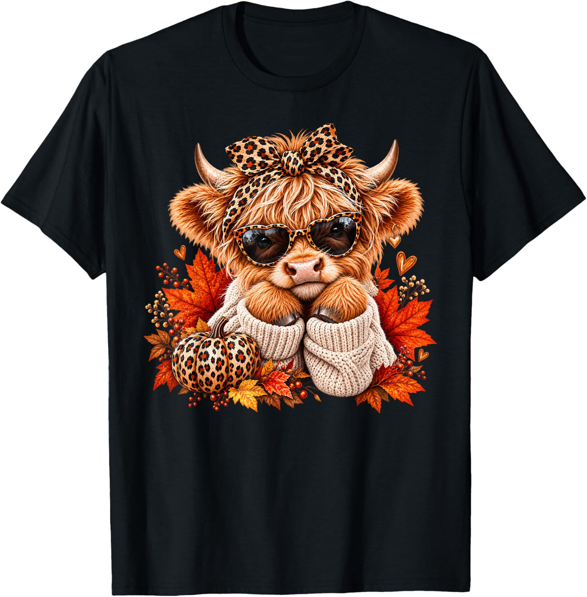 Cute Highland Cow Fall Pumpkin Leopard Autumn Lover Women T-Shirt - Black