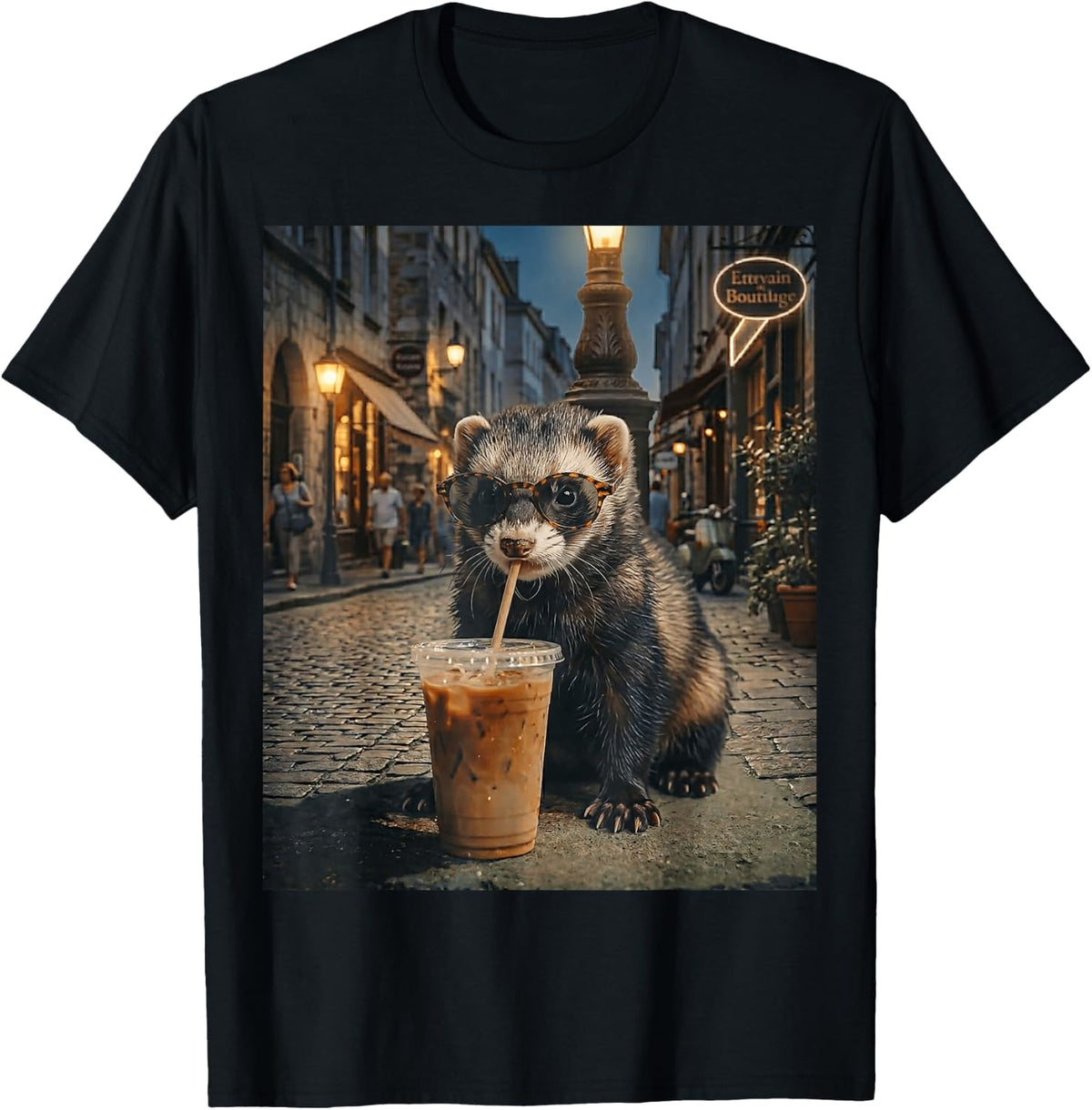 Cool Ferret Drinking Iced Coffee Funny Night Street Design T-Shirt - Black