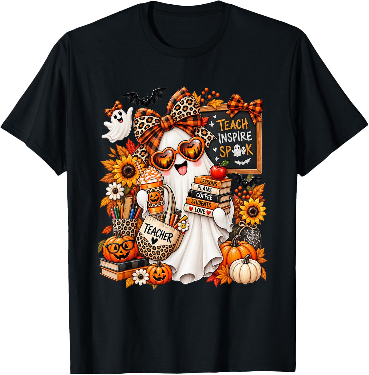 Cute Halloween Ghost Teacher Pumpkin Coffee Spooky Fall T-Shirt - Black